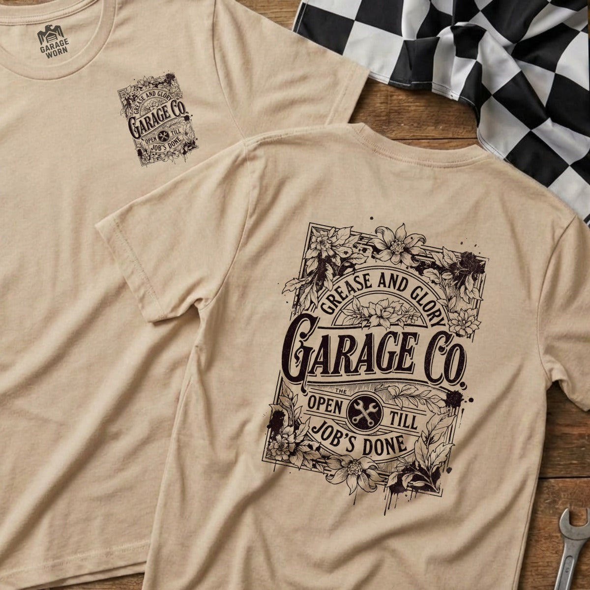 Tan t-shirt with "Garage Co Open Till Job's Done" graphic on back and chest.