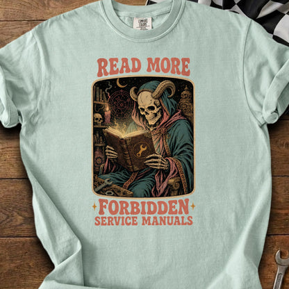 Skeleton with horns reading a book with "READ MORE FORBIDDEN SERVICE MANUALS" text.