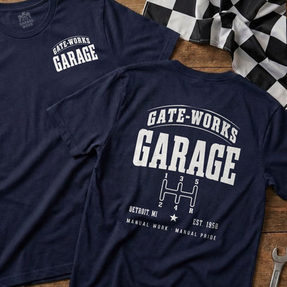 Gate-Works Garage t-shirt with manual transmission graphic, Detroit MI, Est. 1958.