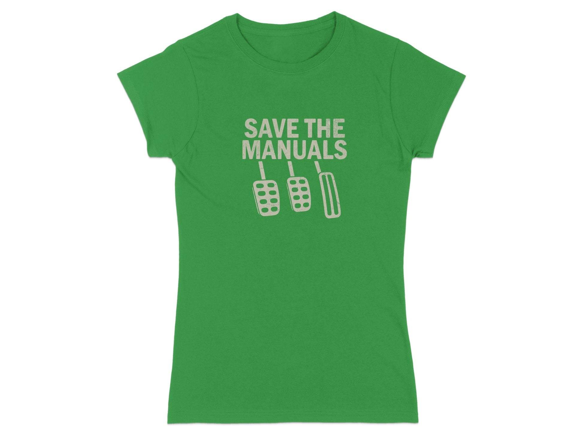Green t-shirt with "Save the Manuals" and clutch, brake, gas pedals.