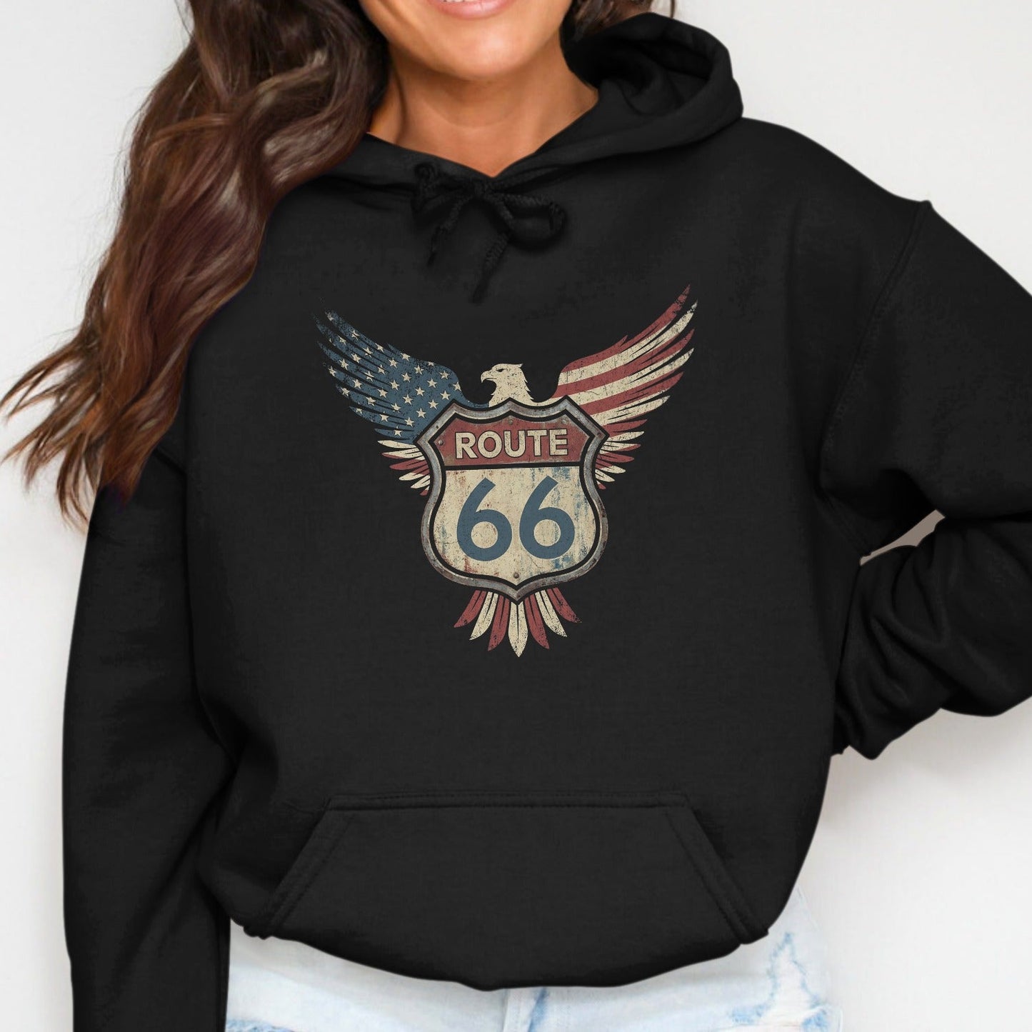 Black hoodie featuring distressed Route 66 shield with eagle wings and American flag.