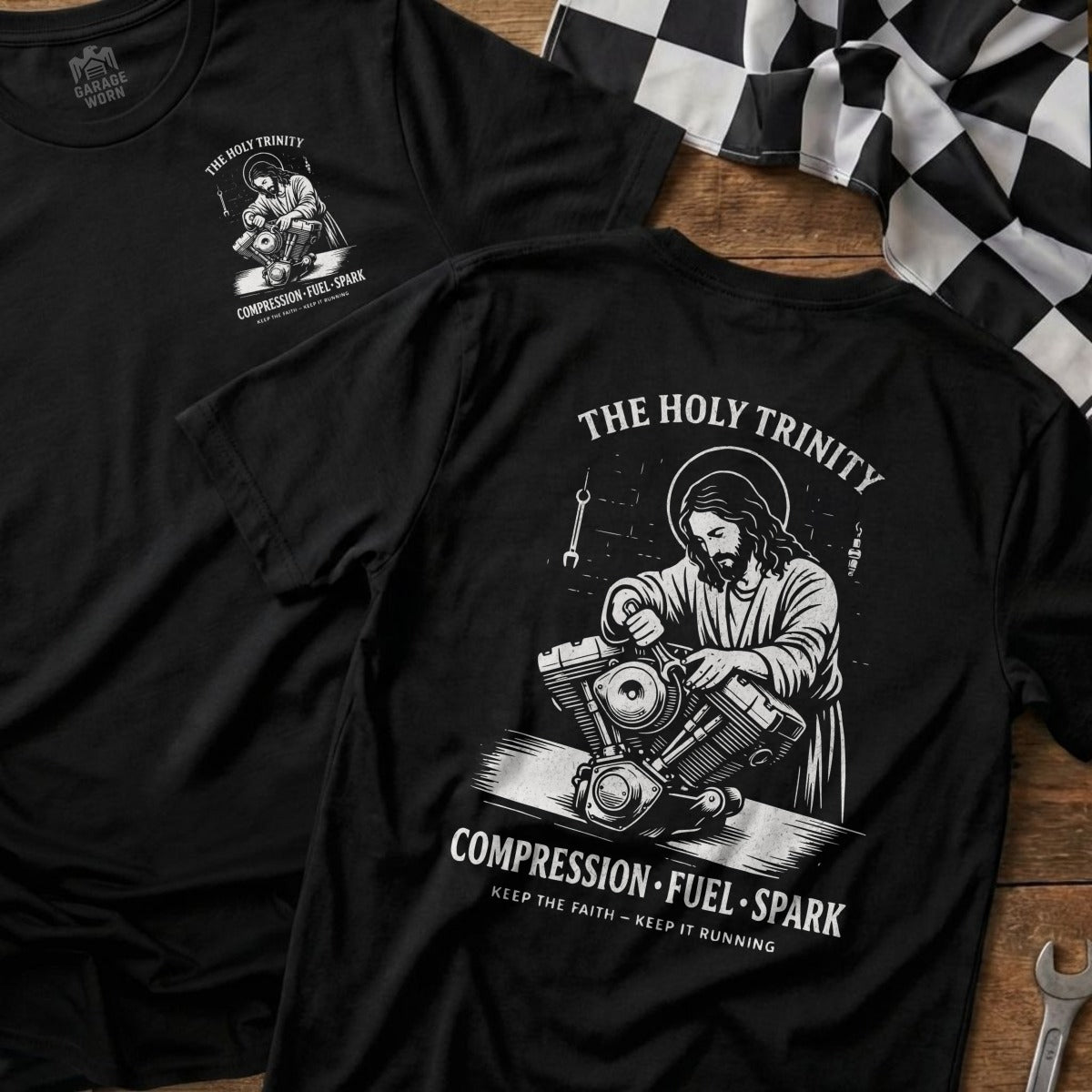 THE HOLY TRINITY COMPRESSION FUEL SPARK product type
Holy Trinity
Motorcycle Engine
Jesus Mechanic
Biker Tee
Compression Fuel Spark
Keep The Faith
Keep It Running
Mechanic Art
Religious Biker
Engine Design
V Twin Engine
Custom Biker
Motorhead
Garage Worn
Spiritual Rider
Automotive Art
Retro Biker
Unique Biker
Christian Biker
Workshop Spirit