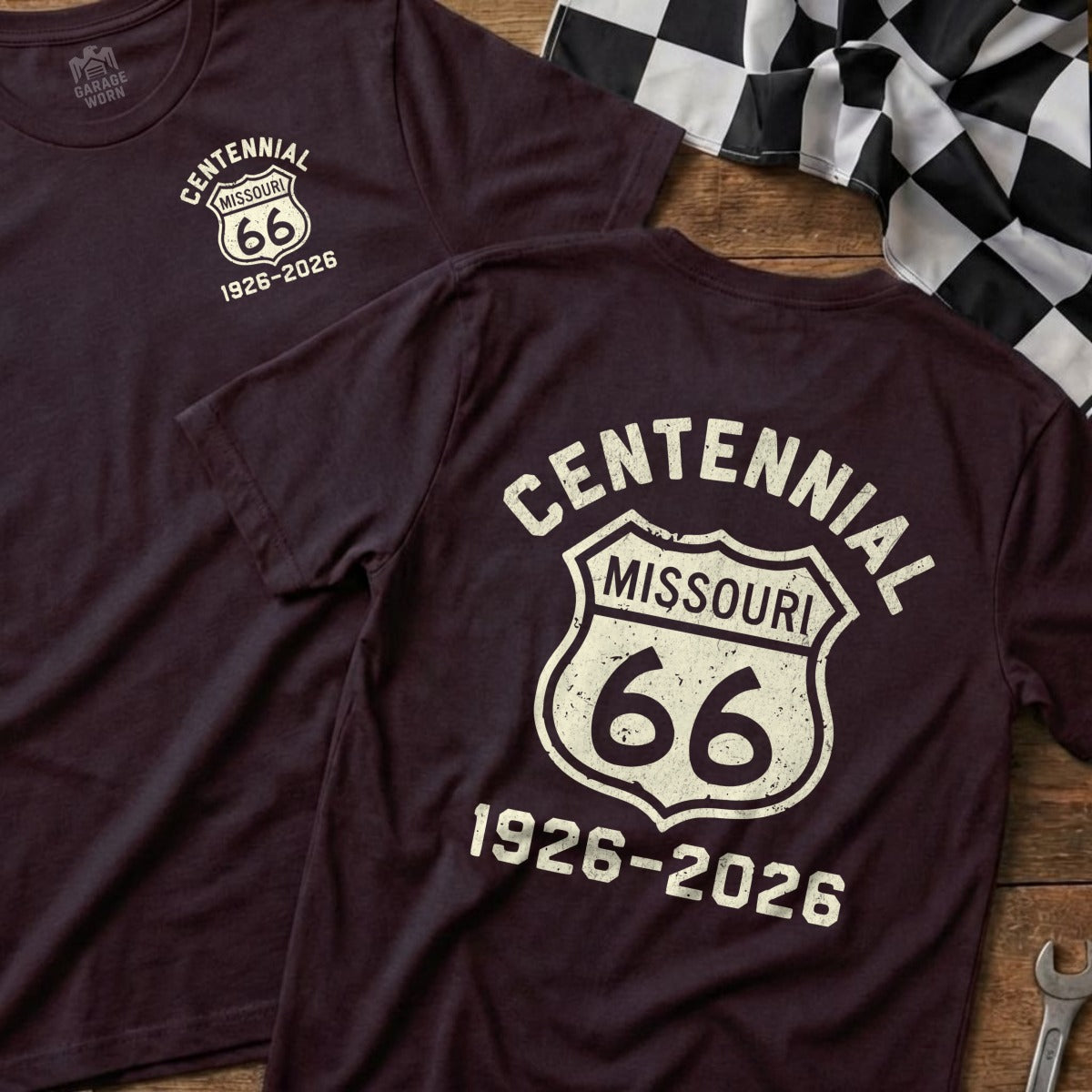 Burgundy t-shirt with "Centennial Missouri 66 1926-2026" on back.