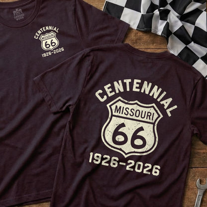 Burgundy t-shirt with "Centennial Missouri 66 1926-2026" on back.