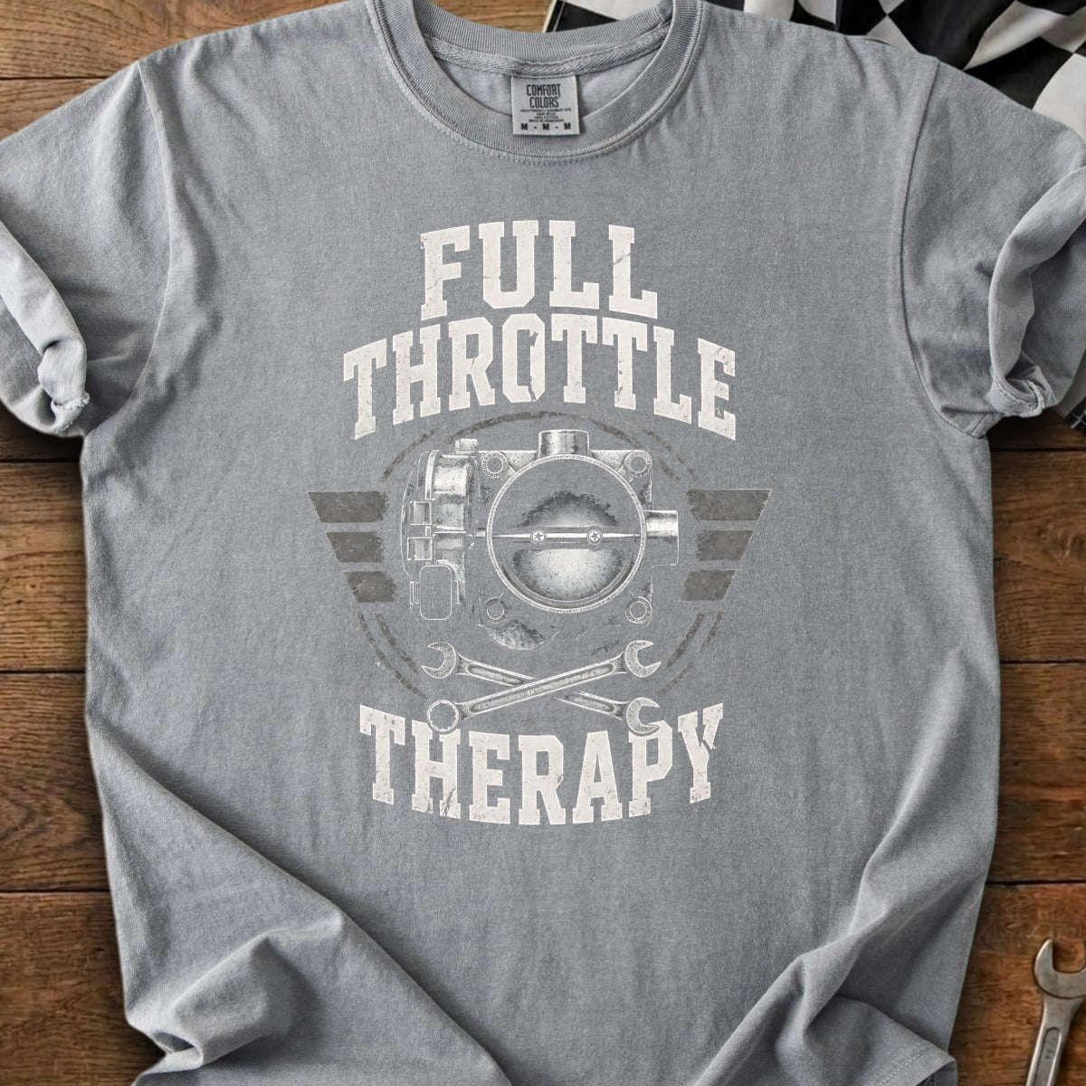 Gray t-shirt with distressed "Full Throttle Therapy" text and throttle body graphic.