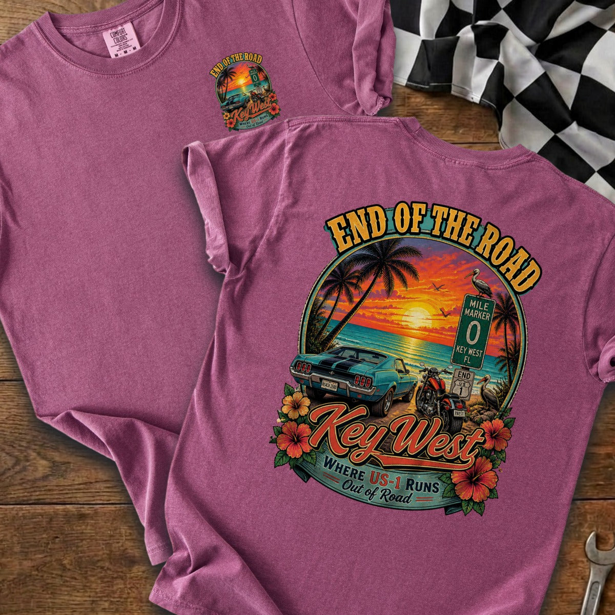 Key West t-shirt with a vintage car, motorcycle, and sunset on a beach.