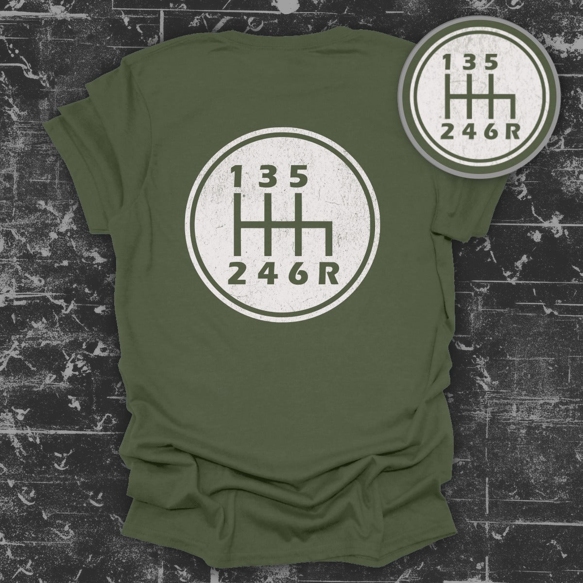 Vintage Green Gear Shift Graphic T Shirt for Car Enthusiasts