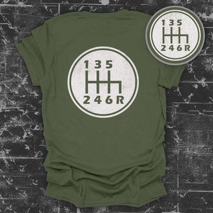 Vintage Green Gear Shift Graphic T Shirt for Car Enthusiasts