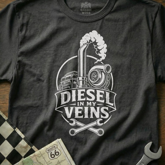 T-shirt graphic with "Diesel In My Veins," turbo, exhaust, and wrenches.