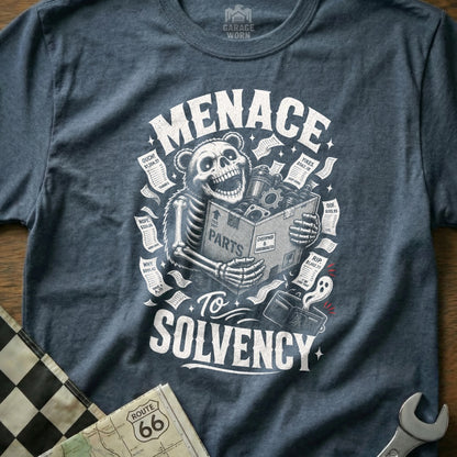 Skeleton holding parts box, surrounded by receipts, for "Menace to Solvency" design.