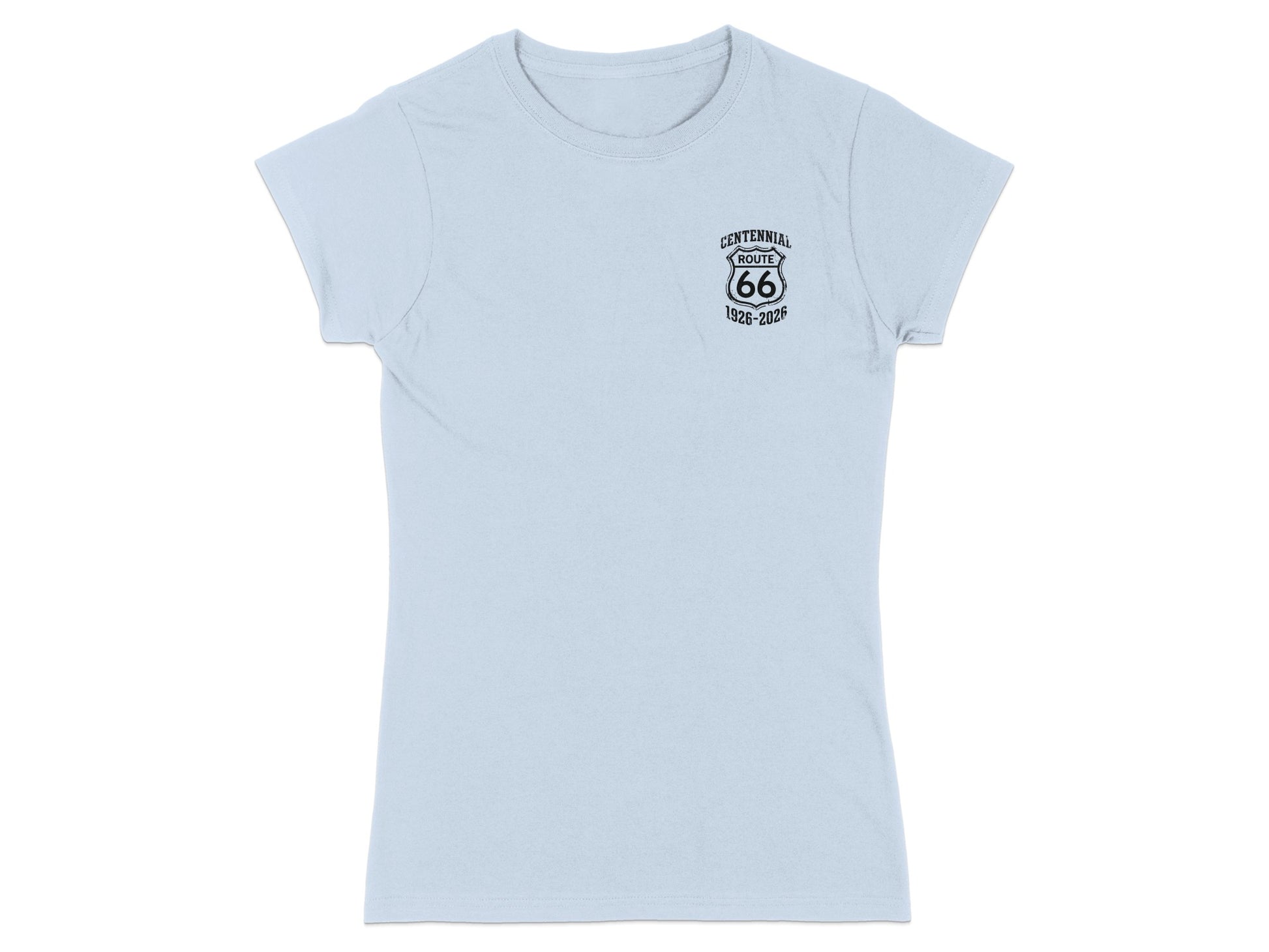 Light blue t-shirt with black Route 66 centennial logo on left chest.