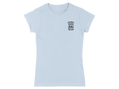 Light blue t-shirt with black Route 66 centennial logo on left chest.