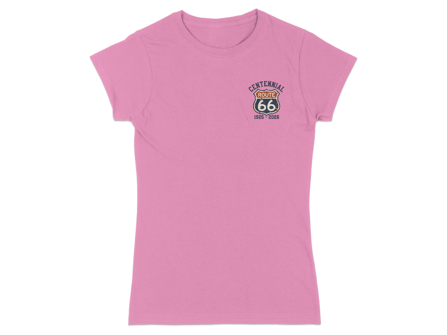 Pink t-shirt with Route 66 Centennial logo.
