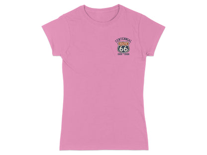 Pink t-shirt with Route 66 Centennial logo.