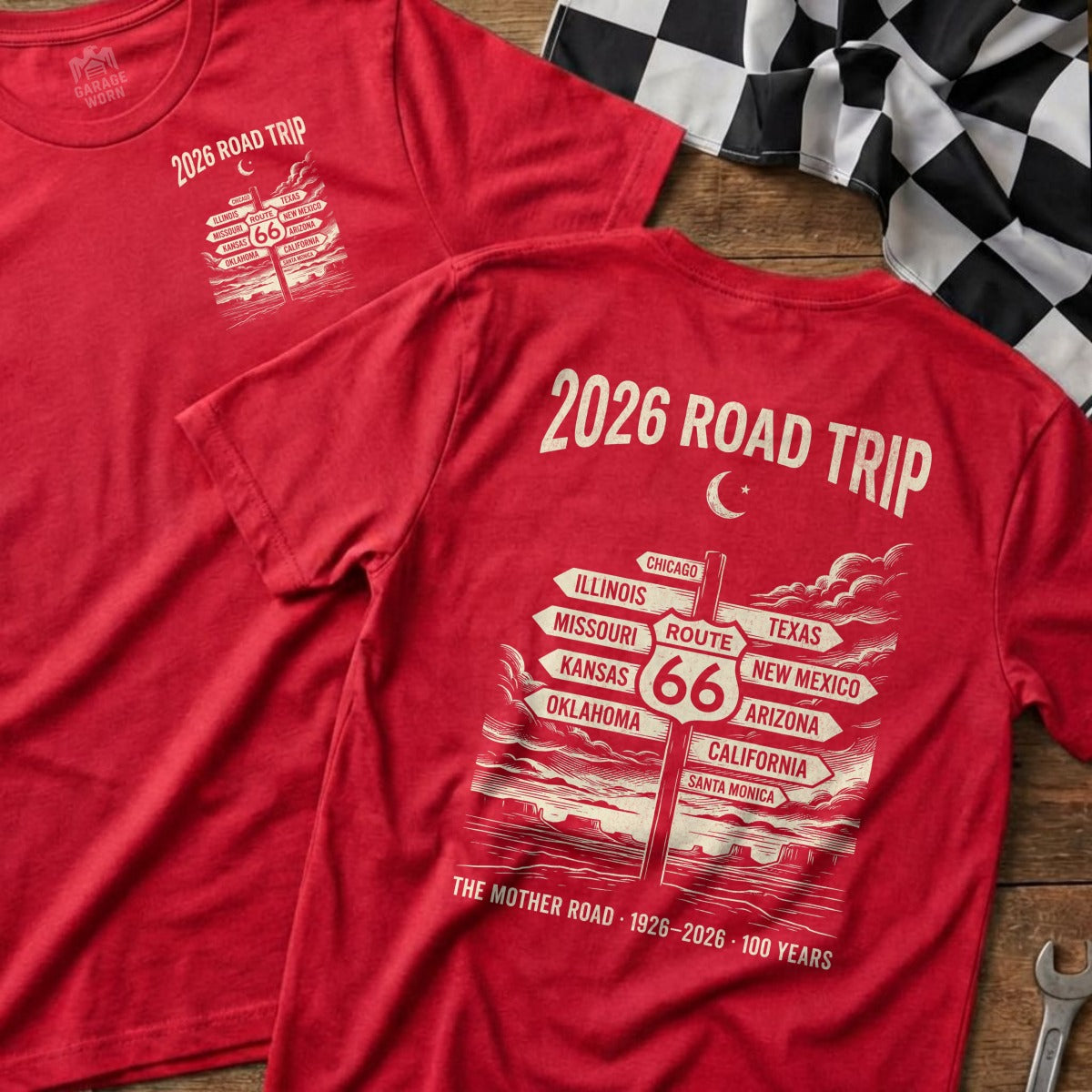 Red t-shirt with "2026 Road Trip" and Route 66 destination signs.