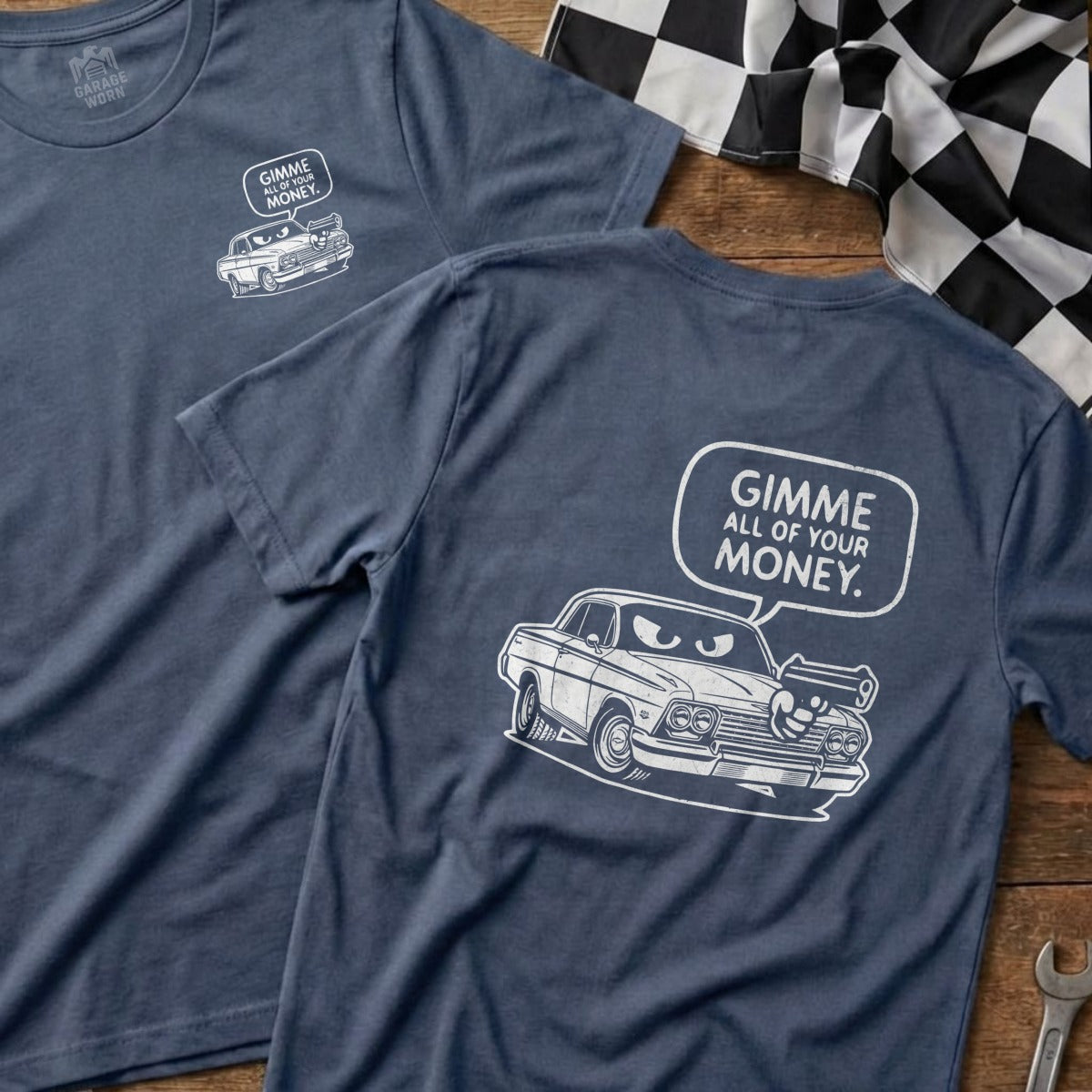 Navy t-shirts with cartoon car and "Gimme All of Your Money" text.