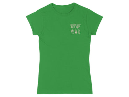 Green t-shirt with "NEVER SKIP LEG DAY" and pedal graphic.