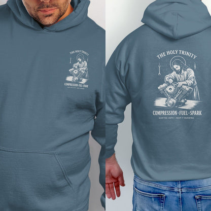 Blue hoodie with graphic of Jesus working on a motorcycle engine.