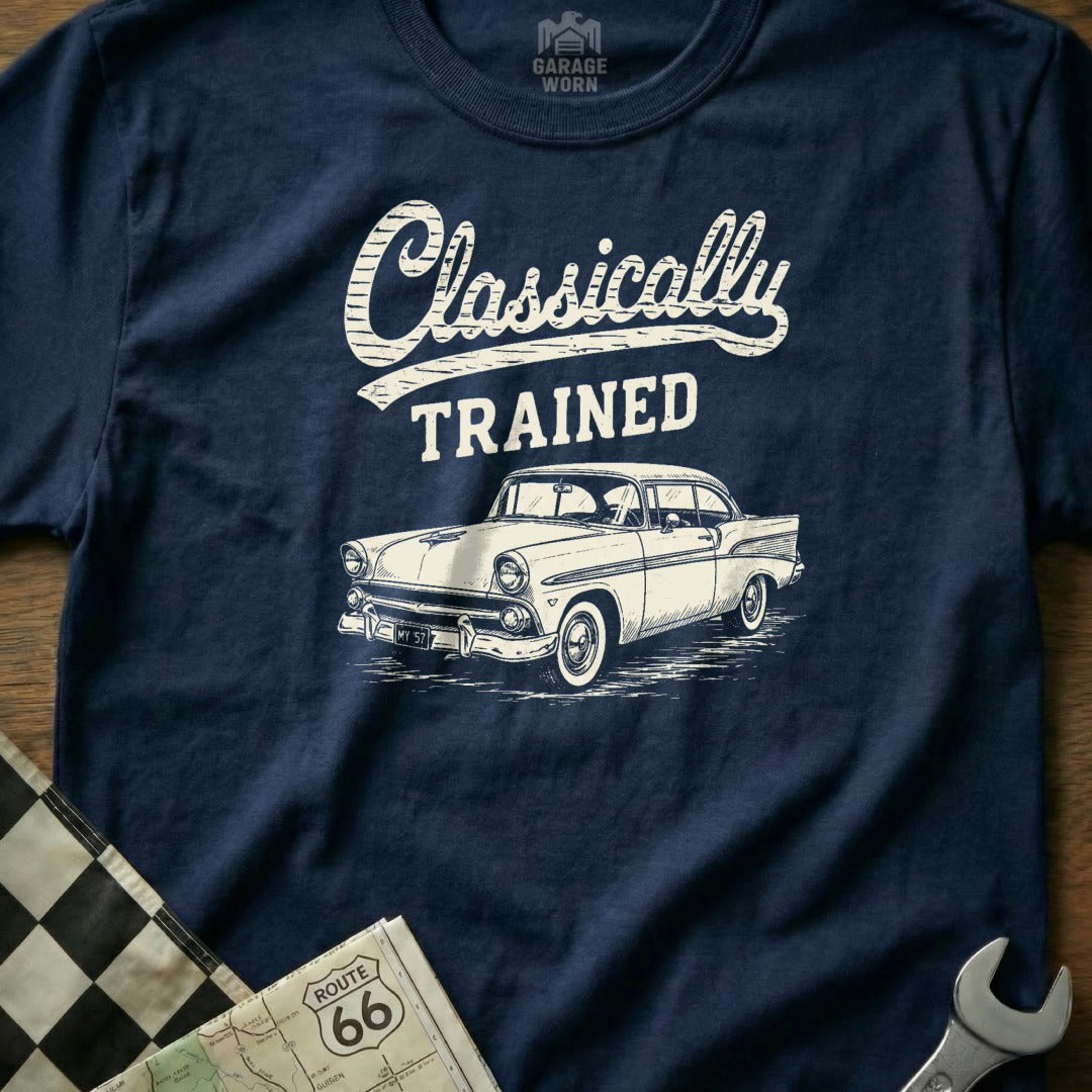 Navy t-shirt with "Classically TRAINED" and vintage car graphic.