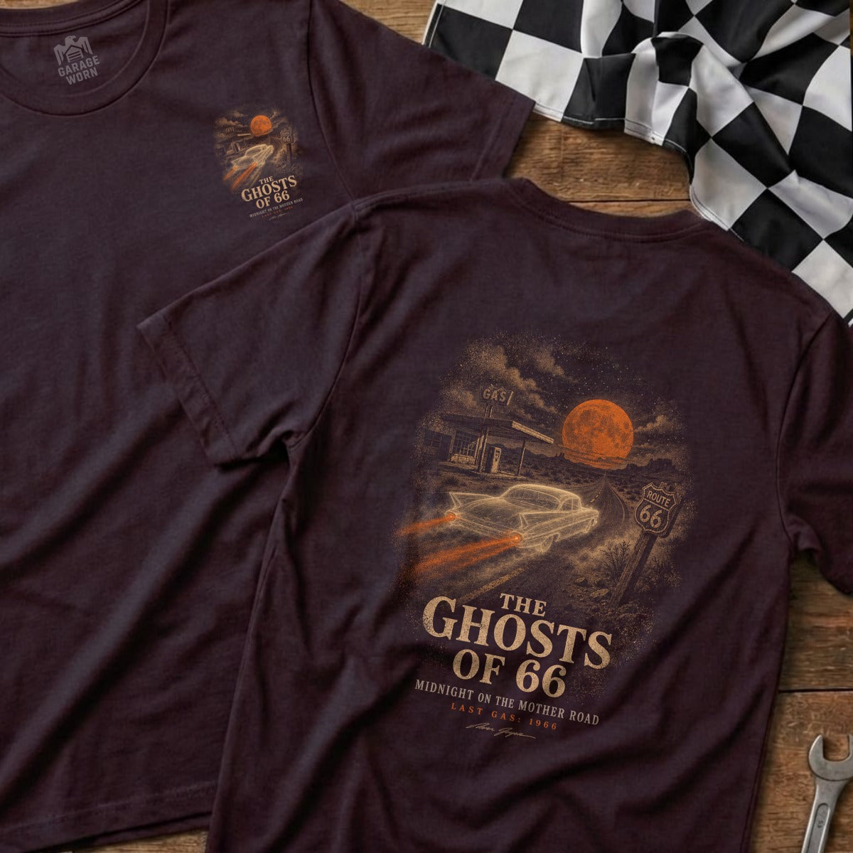 T-shirt with vintage Route 66 gas station, car, and moon graphic.