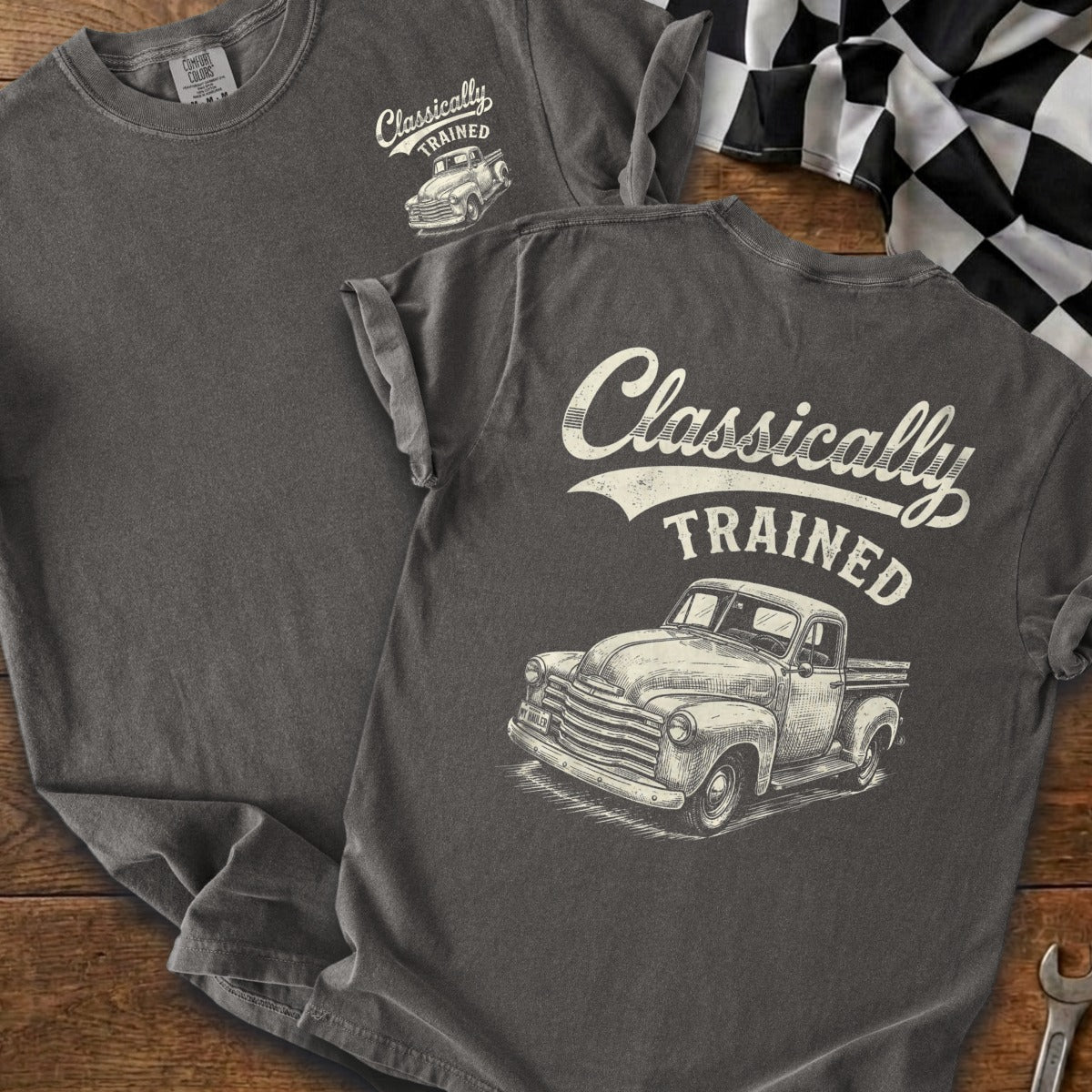 Dark gray t-shirt with "Classically TRAINED" and vintage pickup truck graphic.