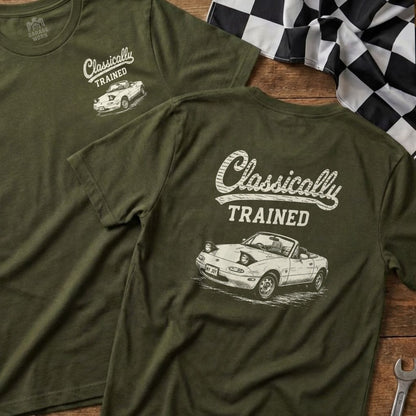 Olive green t-shirt with "Classically TRAINED" text and a convertible car graphic.