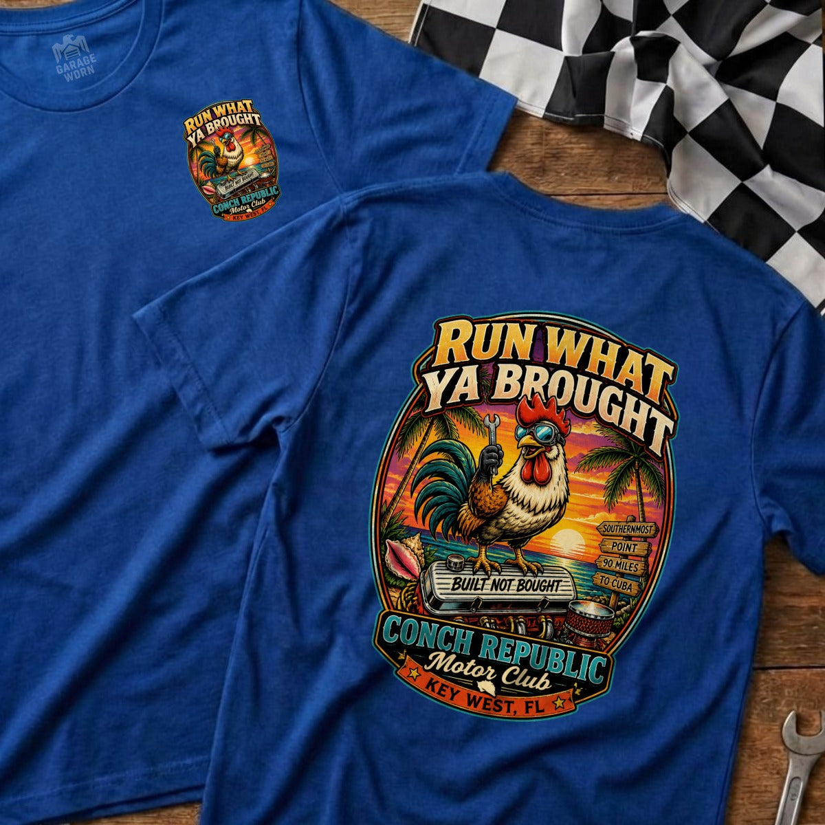 Blue t-shirt with "Conch Republic Motor Club" graphic of a rooster.