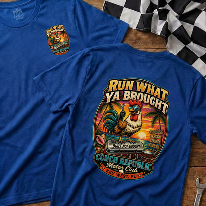 Blue t-shirt with "Conch Republic Motor Club" graphic of a rooster.