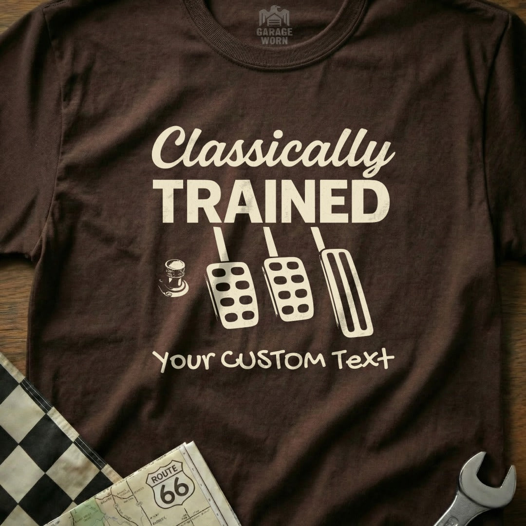 Brown t-shirt with "Classically Trained" and pedals graphic.