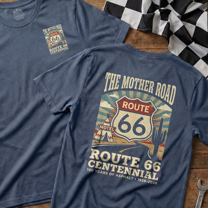 T-shirts with "Route 66 Centennial" graphic featuring desert landscape and motel sign.