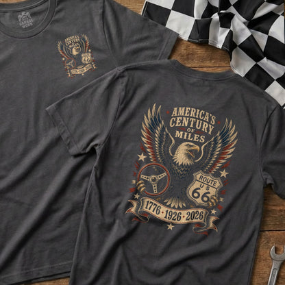 T-shirt with an eagle, steering wheel, and Route 66 design commemorating 1776-2026.