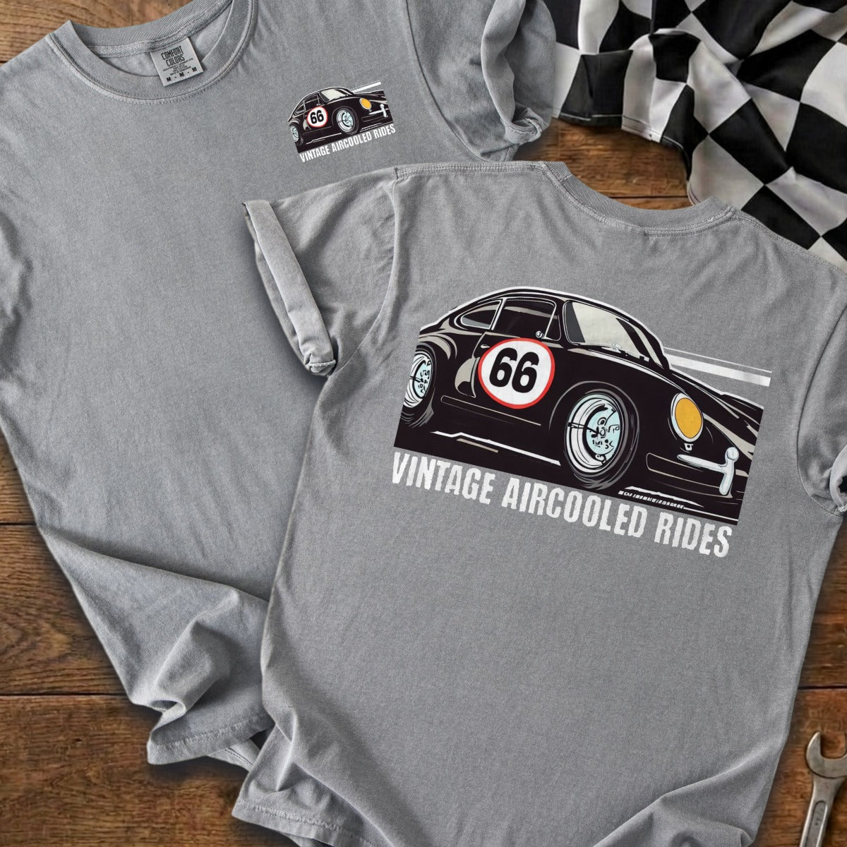 Gray t-shirt with vintage car graphic and "VINTAGE AIRCOOLED RIDES" text.