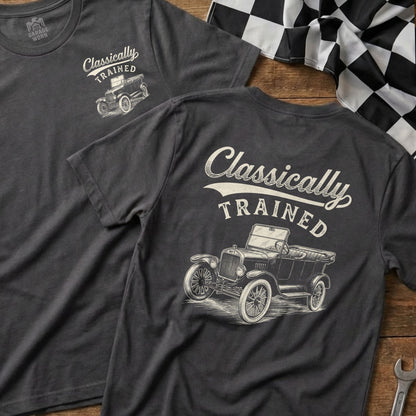 Charcoal t-shirts with "Classically Trained" text and vintage car graphic.