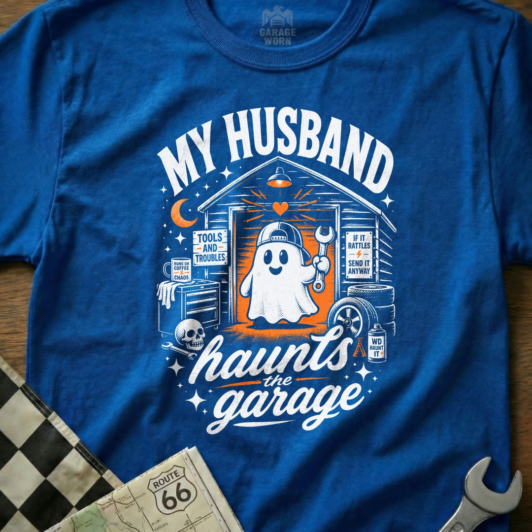 My husband haunts the garage with a ghost holding a wrench in a garage setting.