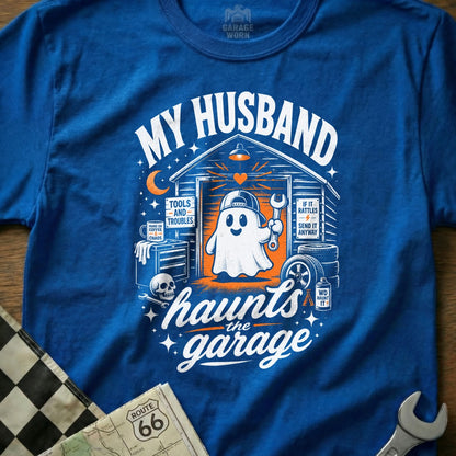 My husband haunts the garage with a ghost holding a wrench in a garage setting.