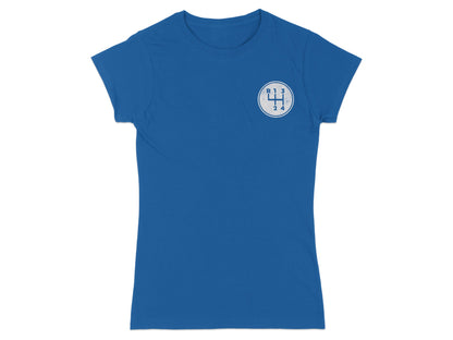 Blue t-shirt with a white gear shift pattern and numbers.