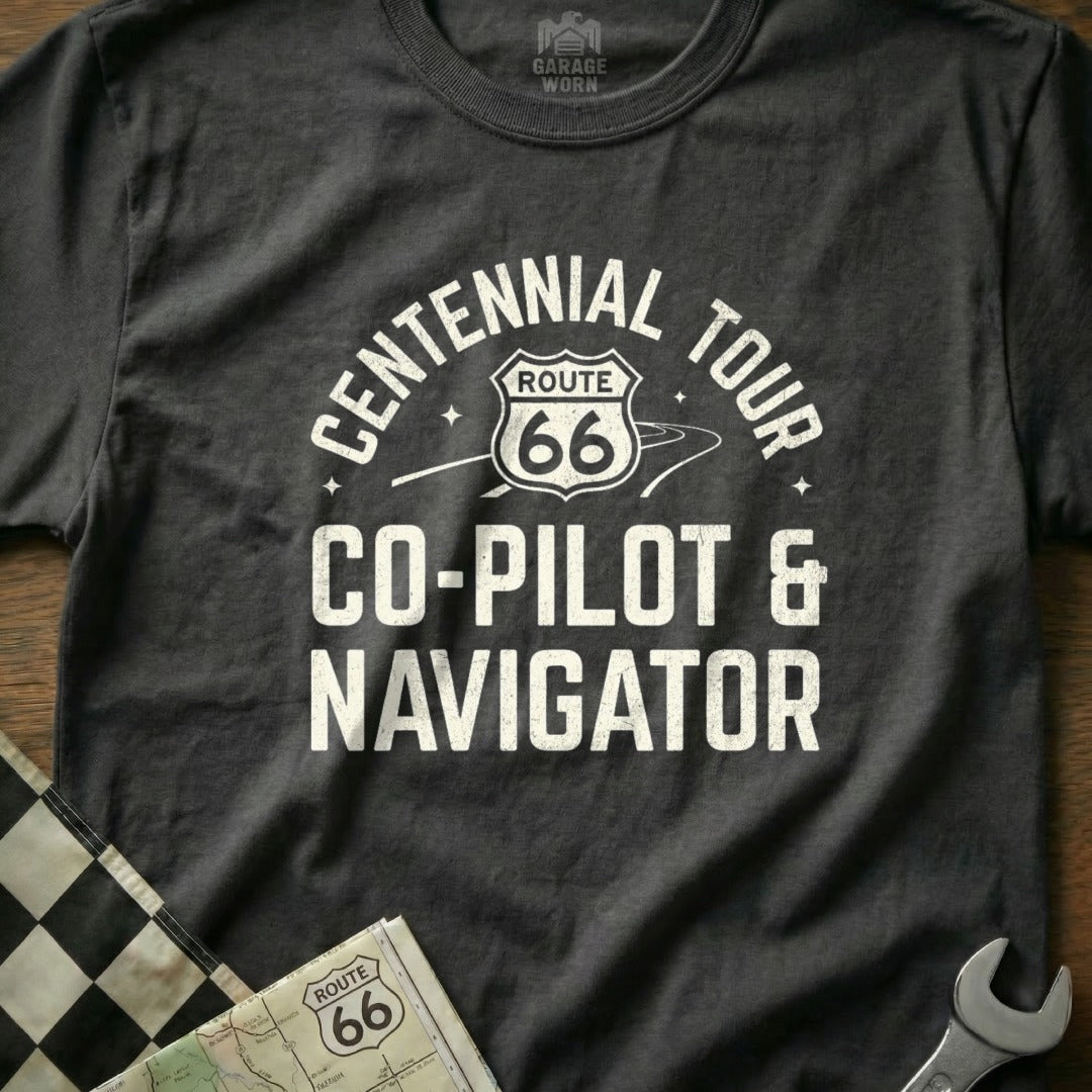 Dark gray t-shirt with "Centennial Tour Route 66 Co-Pilot & Navigator" graphic.