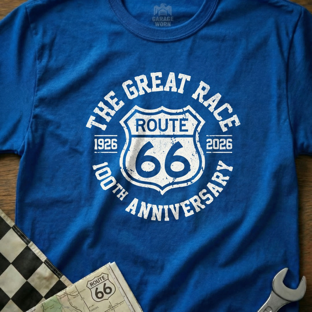 Blue t-shirt with "The Great Race Route 66 100th Anniversary" text and shield.