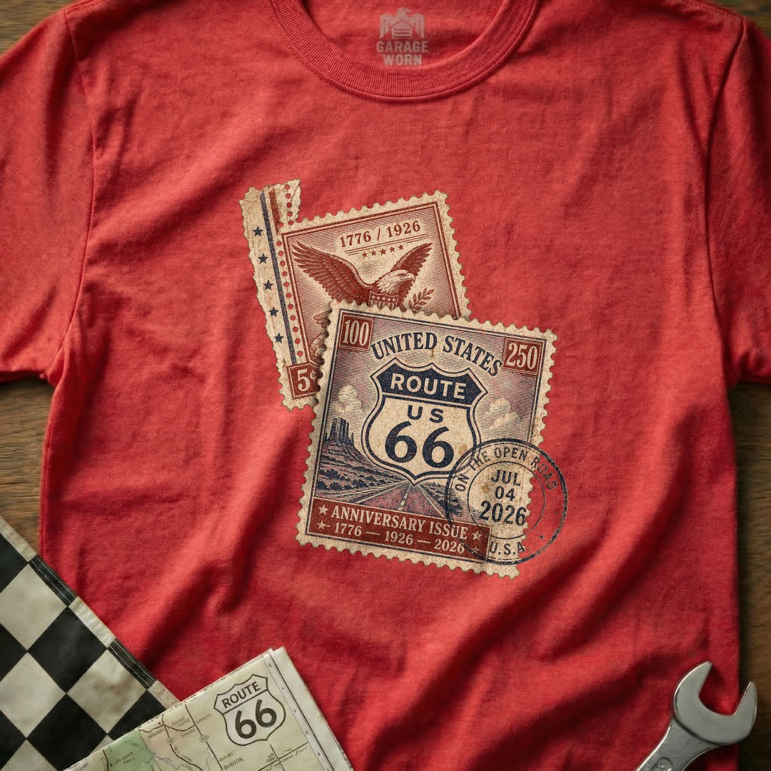 Red t-shirt with Route 66 anniversary stamp graphic and "Garage Worn" logo.