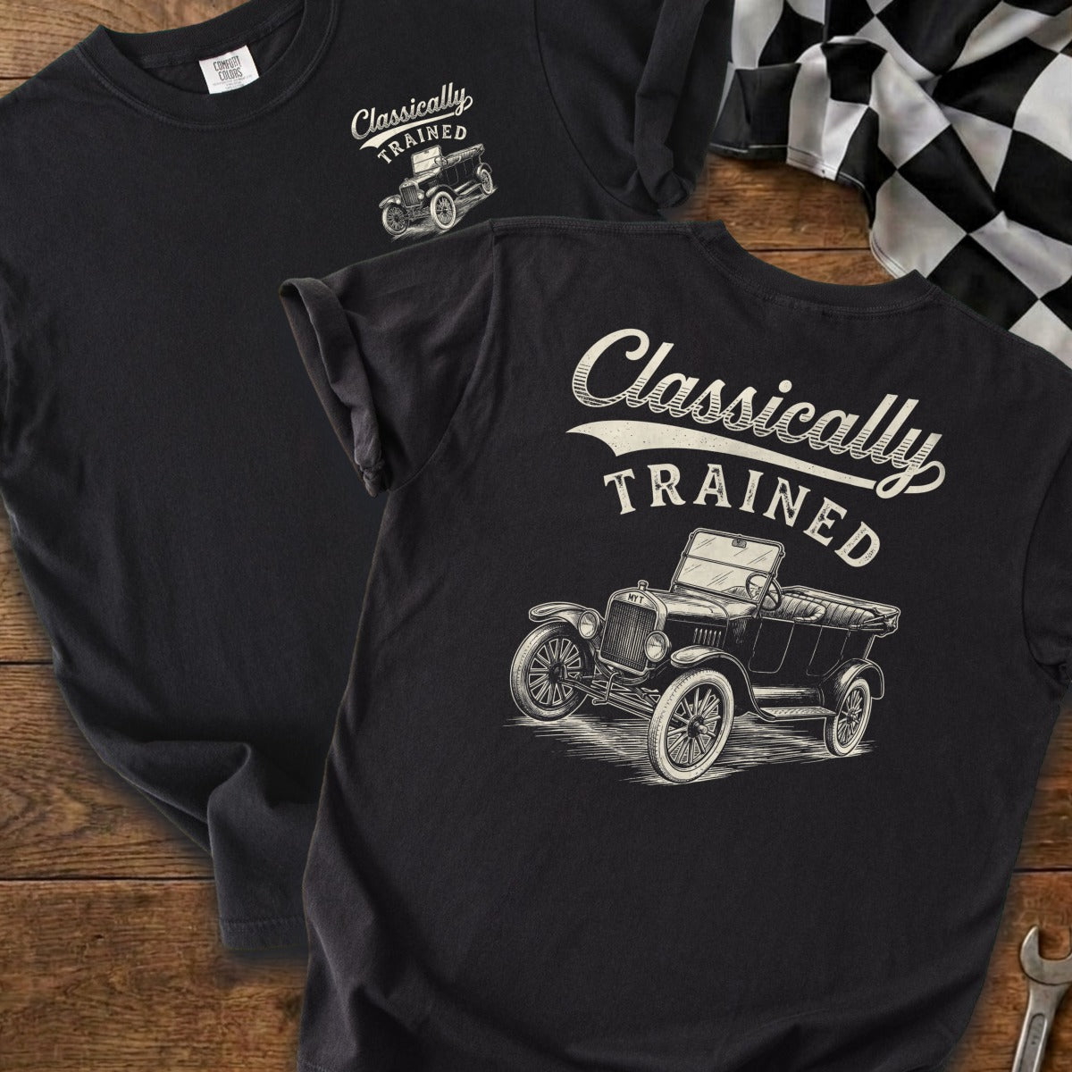 Black t-shirt with "Classically TRAINED" text and vintage car graphic.