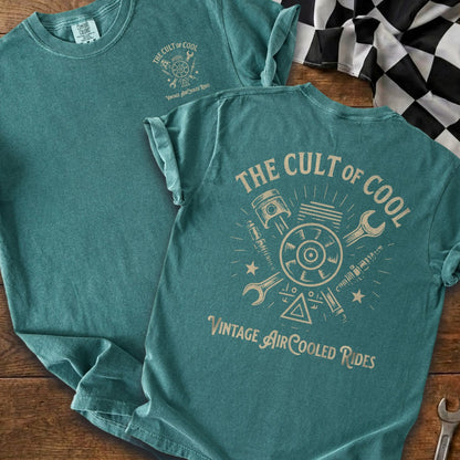 Teal t-shirt with "The Cult of Cool Vintage Air Cooled Rides" graphic.