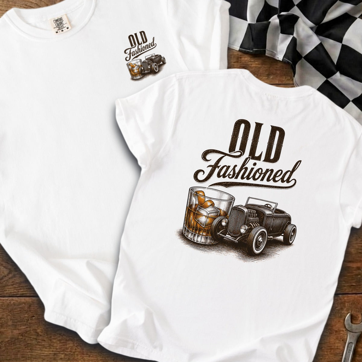 White t-shirt with "Old Fashioned" text and illustration of a whiskey glass and hot rod car.