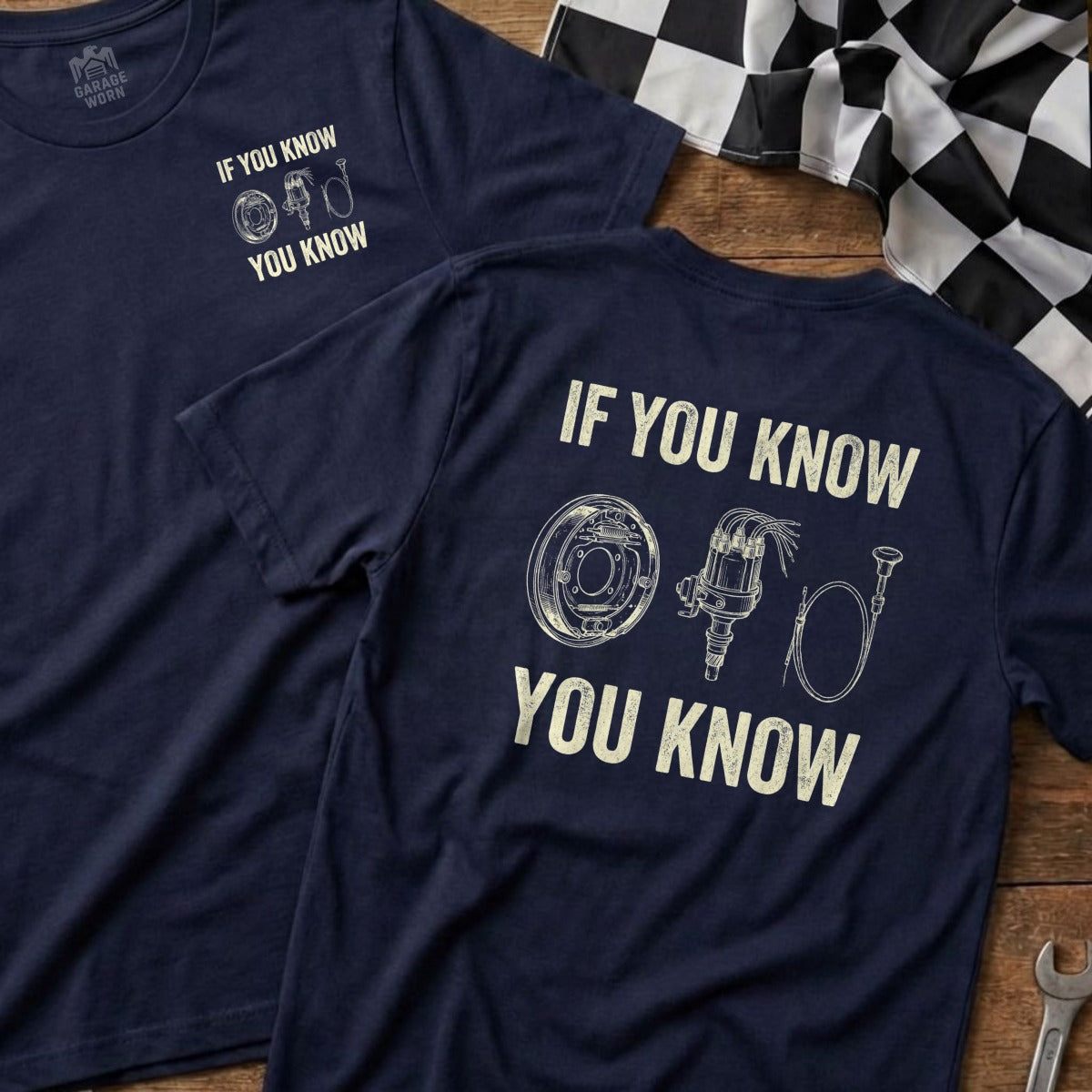 Navy t-shirt with "If You Know You Know" and diagram of car parts.