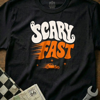Black t-shirt with white "Scary" and orange "Fast" text, a ghost, and a hot rod.