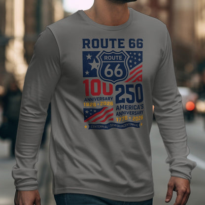 Grey long-sleeve shirt with Route 66 anniversary graphic, celebrating 100 and 250 years.