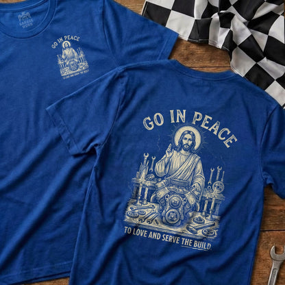 Blue t-shirt with "GO IN PEACE" and Jesus with engine graphic.