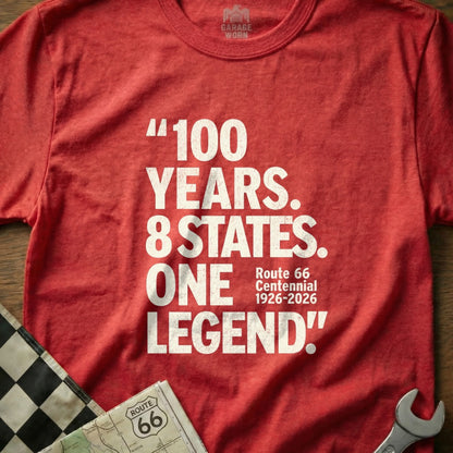 Red t-shirt with "100 YEARS. 8 STATES. ONE LEGEND!" text, Route 66 logo.