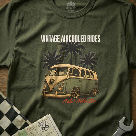 Green t-shirt with vintage van and palm trees graphic, "Vintage Aircooled Rides" text.