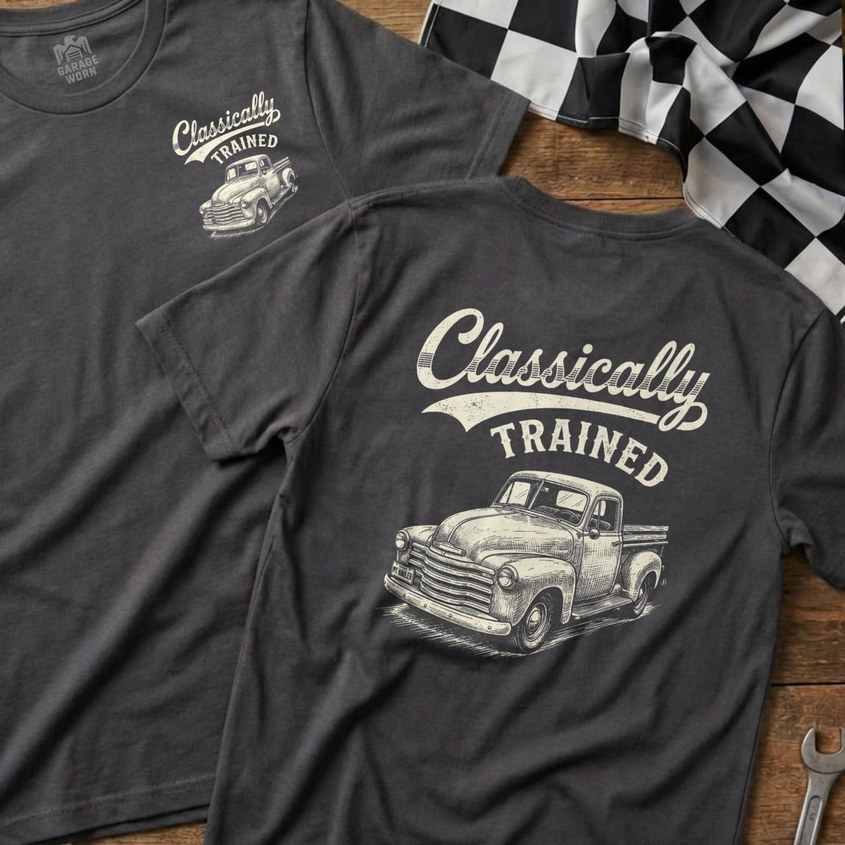 Dark gray t-shirt with "Classically TRAINED" and vintage truck graphic.