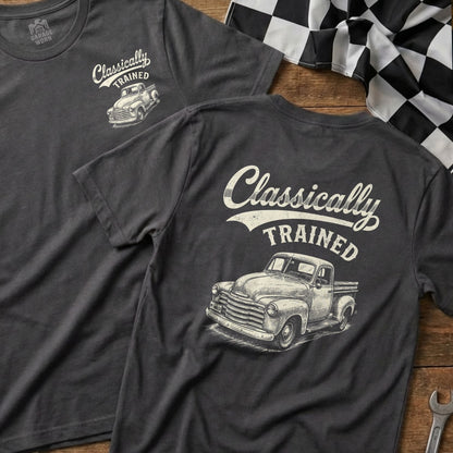 Dark gray t-shirt with "Classically TRAINED" and vintage truck graphic.